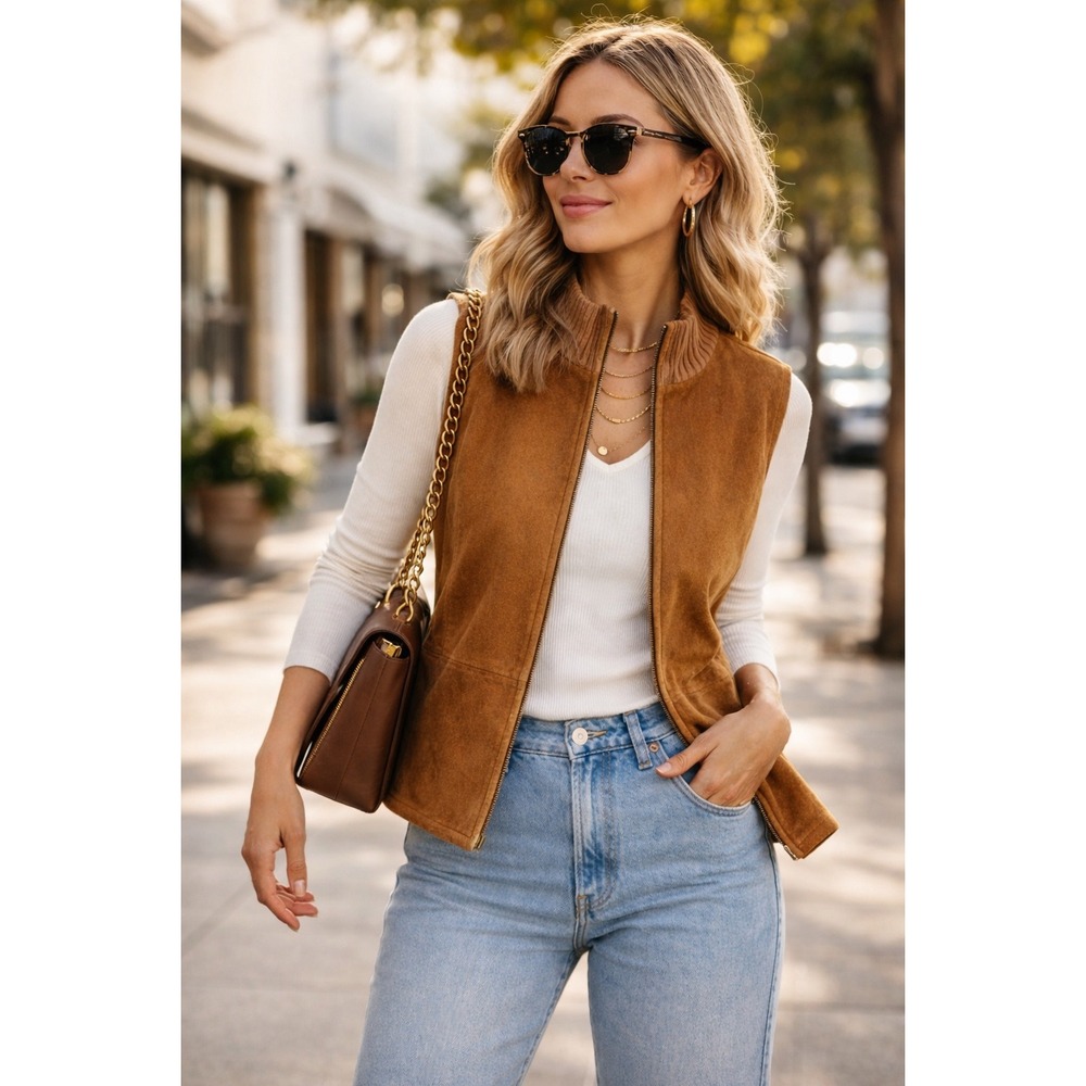 J. Jill Womens Brown Faux Suede Ribbed Knit Back Zip Front Vest Mock Neck Medium